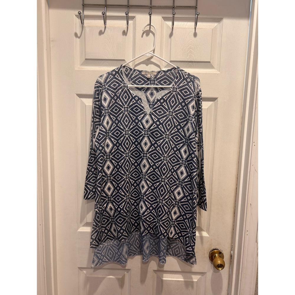 Jess & Jane Large Blue White Geometric Rhinestone Tunic Top 3/4 Sleeve Made USA